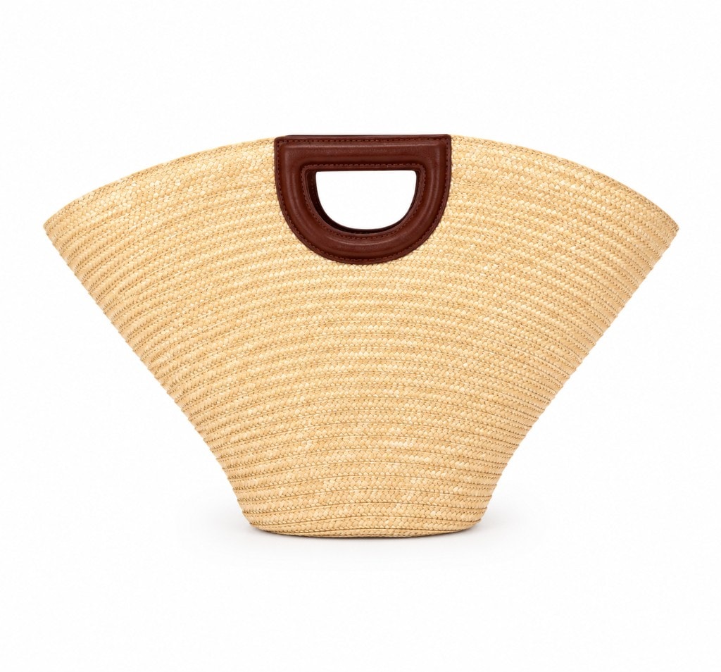 Premium Fan Straw Handbag Natural / Cognac — вид сзади