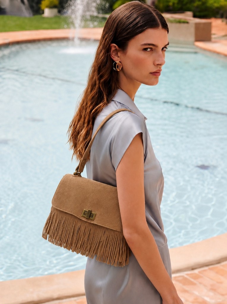 Suede Fringe Shoulder Bag Taupe в образе