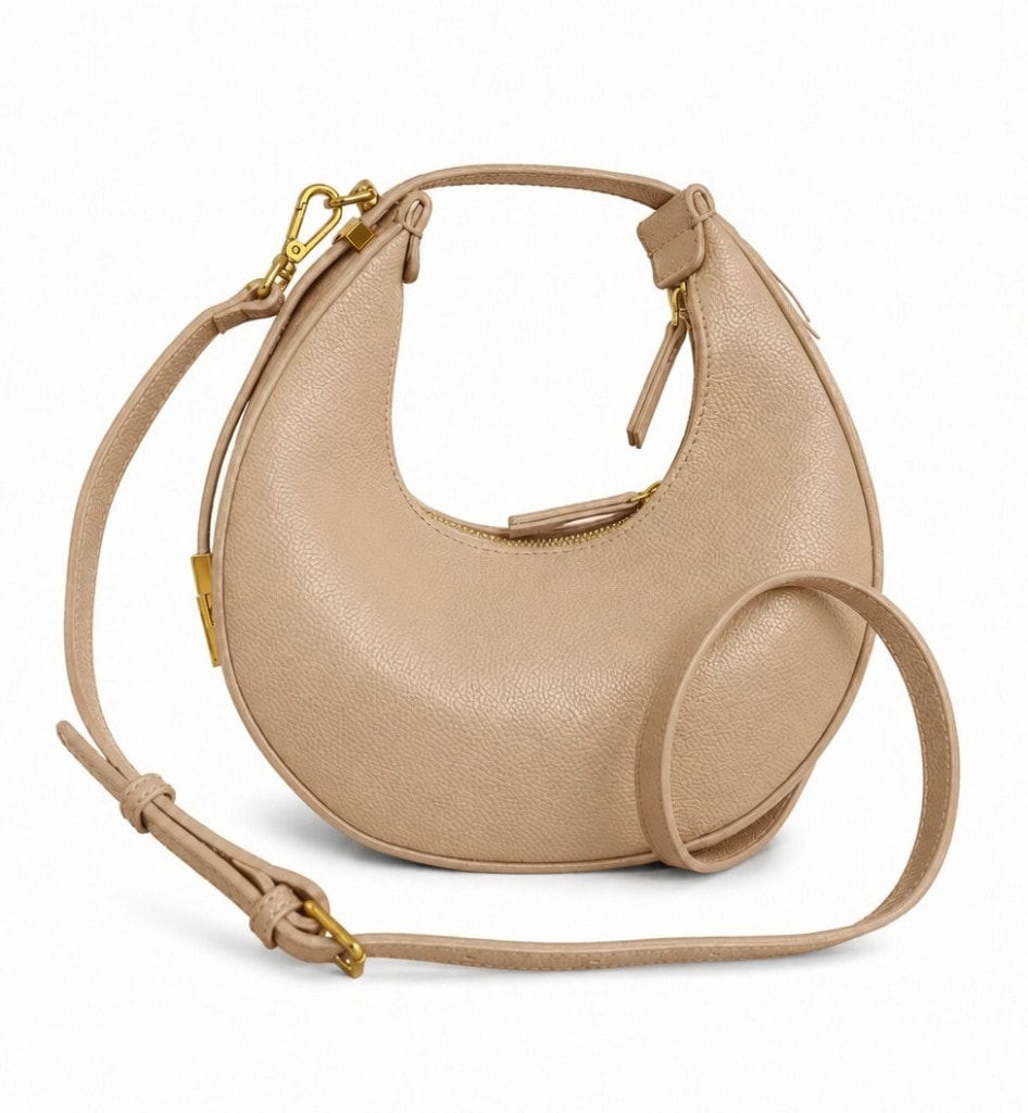 Elegant Leather Moon Bag Beige — вид спереди