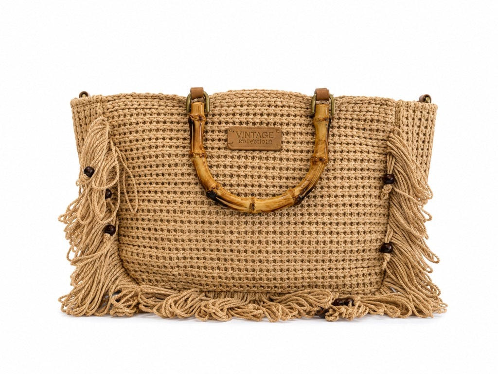 Premium Fringe Beach Tote Bag Natural Beige — вид спереди