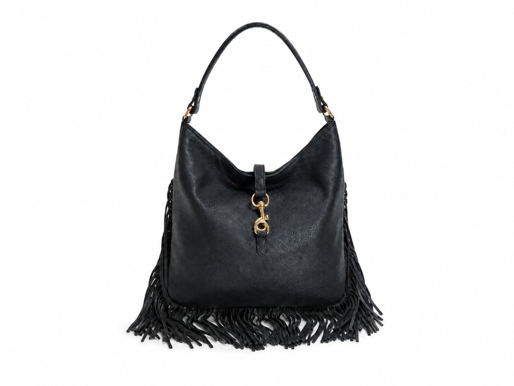Premium Leather Fringe Hobo Bag Black — вид спереди