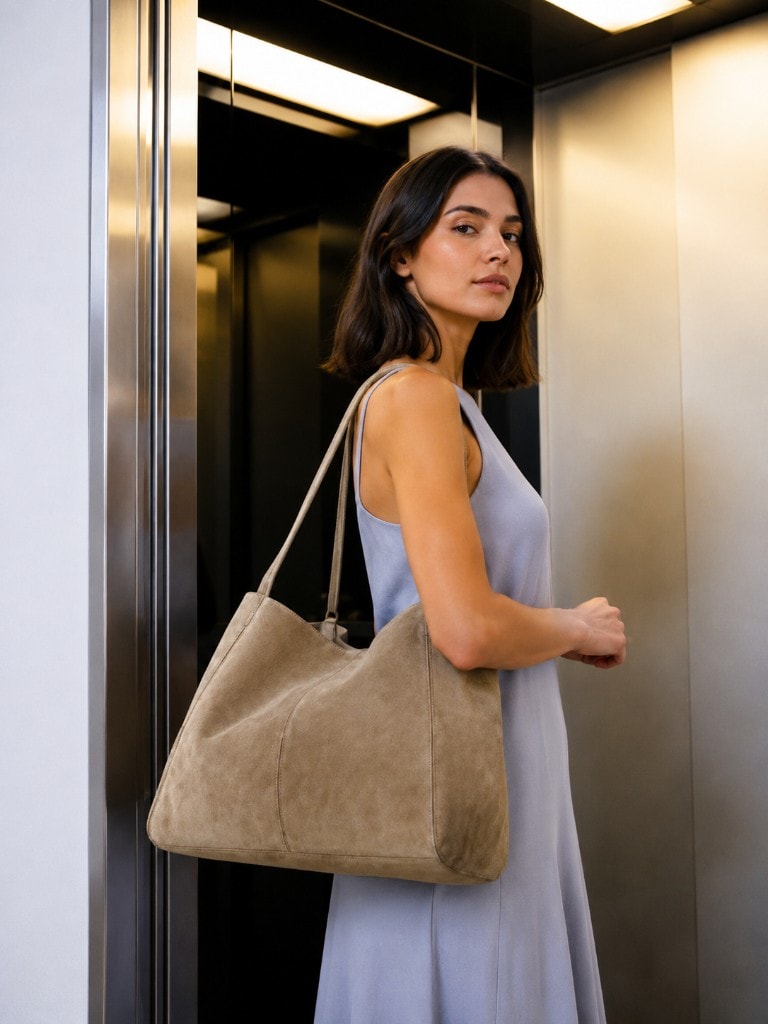 Premium Suede Shopper Tote Beige в образе
