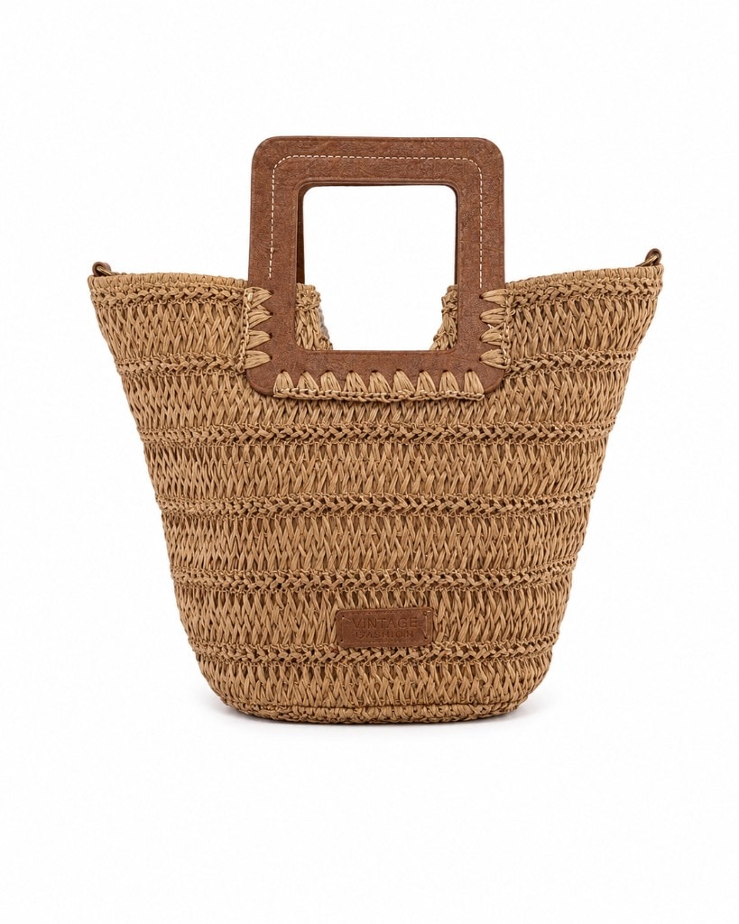 Premium Vintage Straw Tote Bag Natural Beige — вид спереди