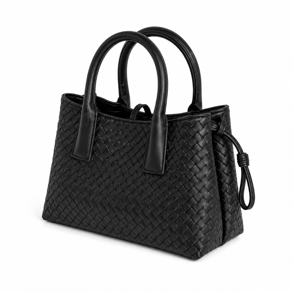 Premium Woven Leather Tote Bag Black — с клатчем