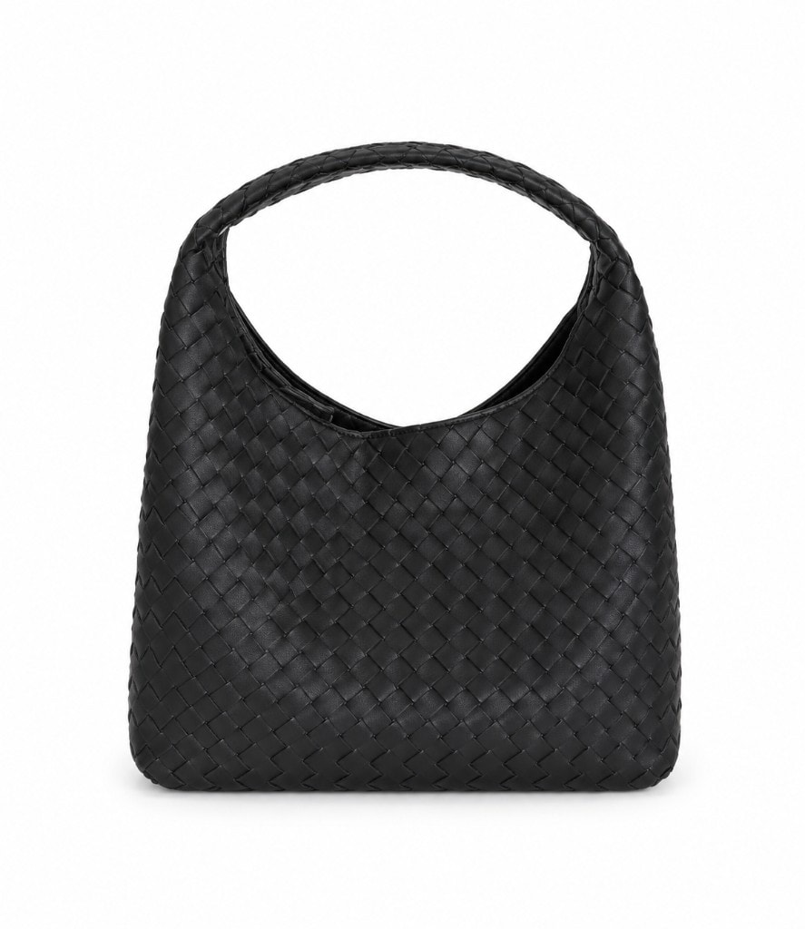 Woven Leather Hobo Bag Black спереди